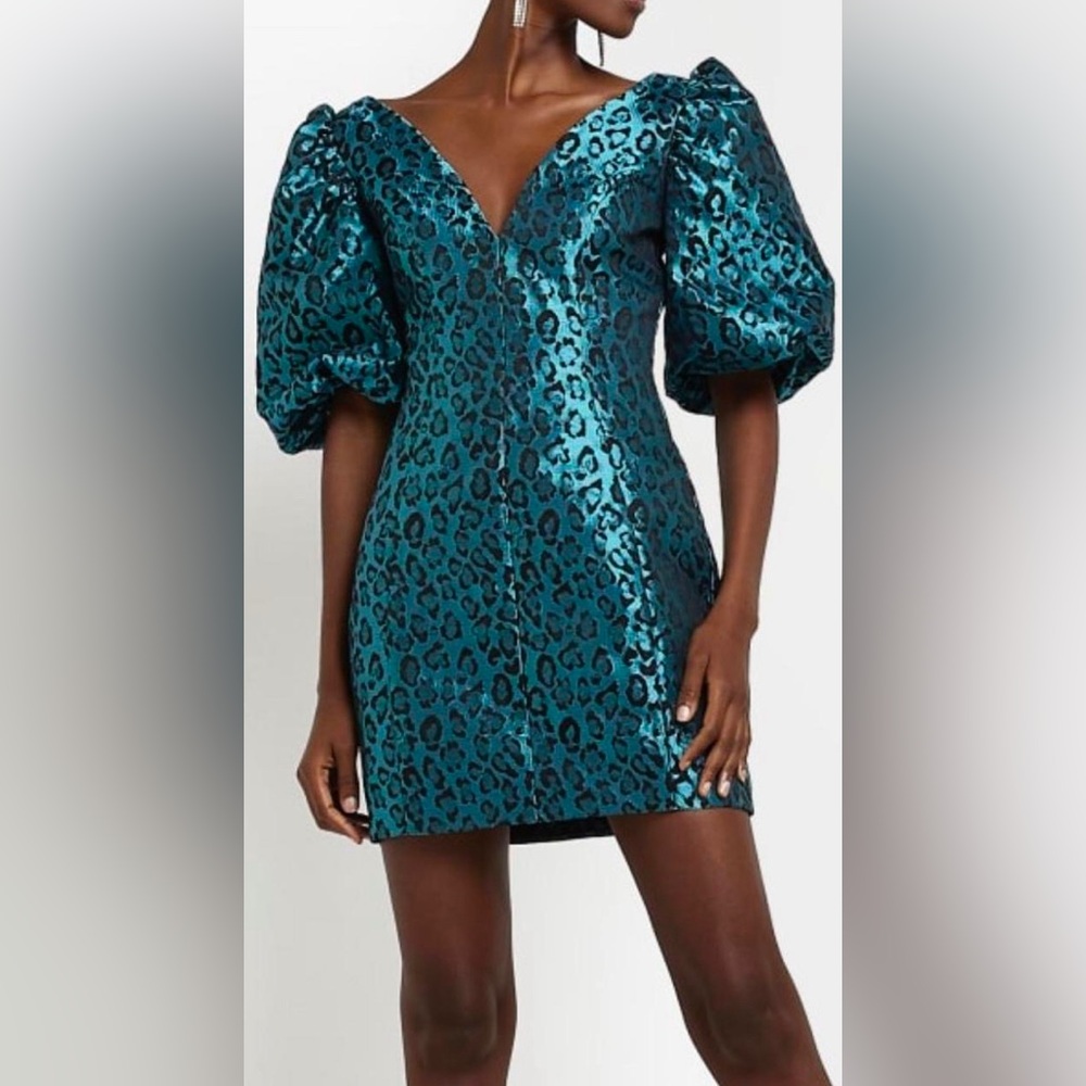 River Island Celia Leopard Jacquard puff sleeve mini dress, UK Size 8, US4